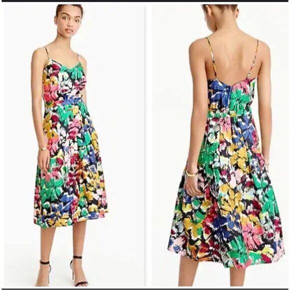 J. Crew 100% Silk Brush stroke multi color spaghetti strap dress midi 4 - Picture 1 of 9